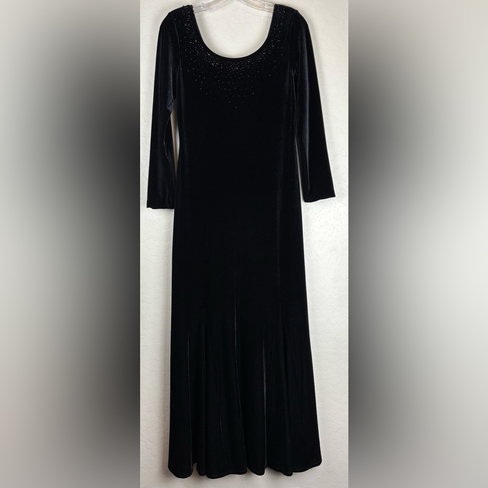 JR Nites Petites By‎ Caliendo Beaded Velvet Long Sleeve Maxi USA 8P Black 1287